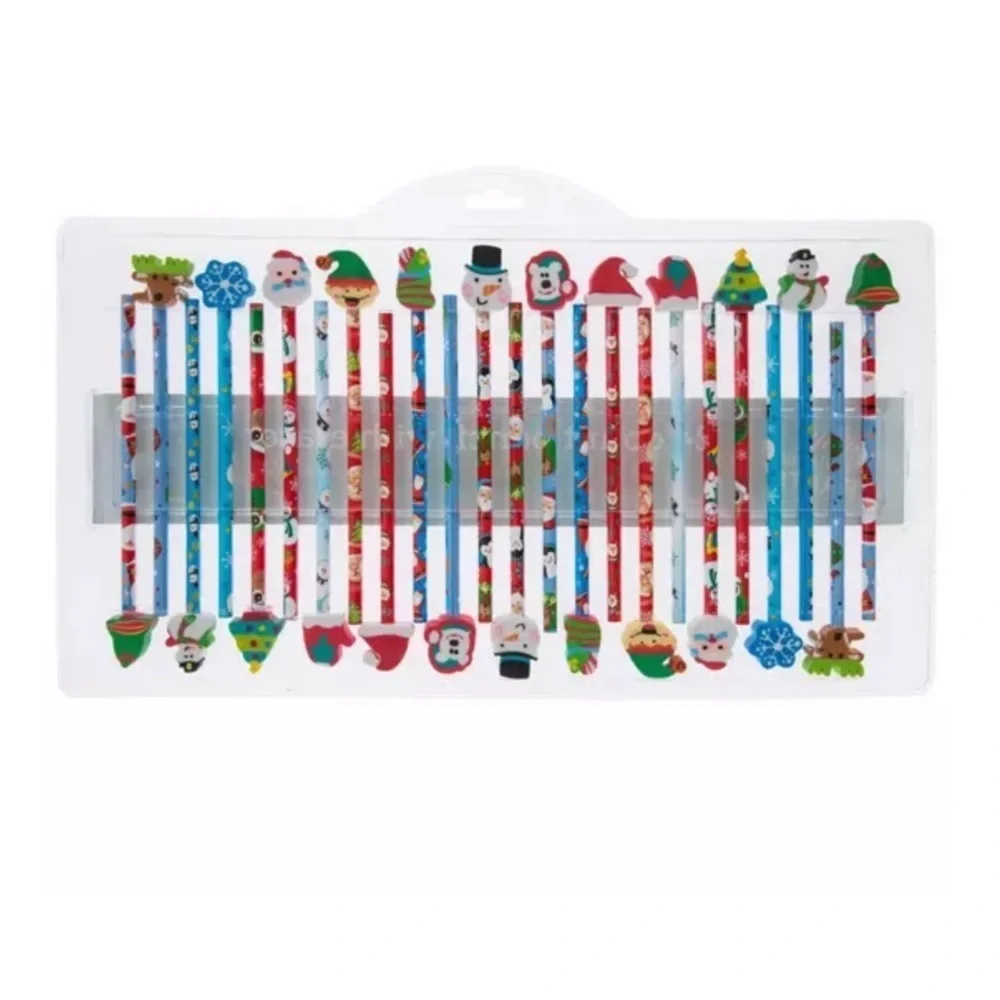 Festive Pencils & Eraser Topper Set NEW Christmas 24 Pack Classroom Gift Supply